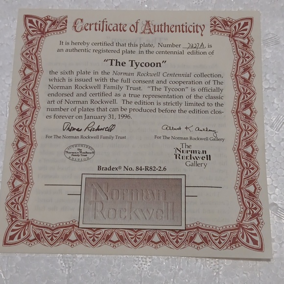New 3D Norman Rockwell “The Tycoon” Certificate  plate 6 Of Authenticity Plate - Picture 3 of 5